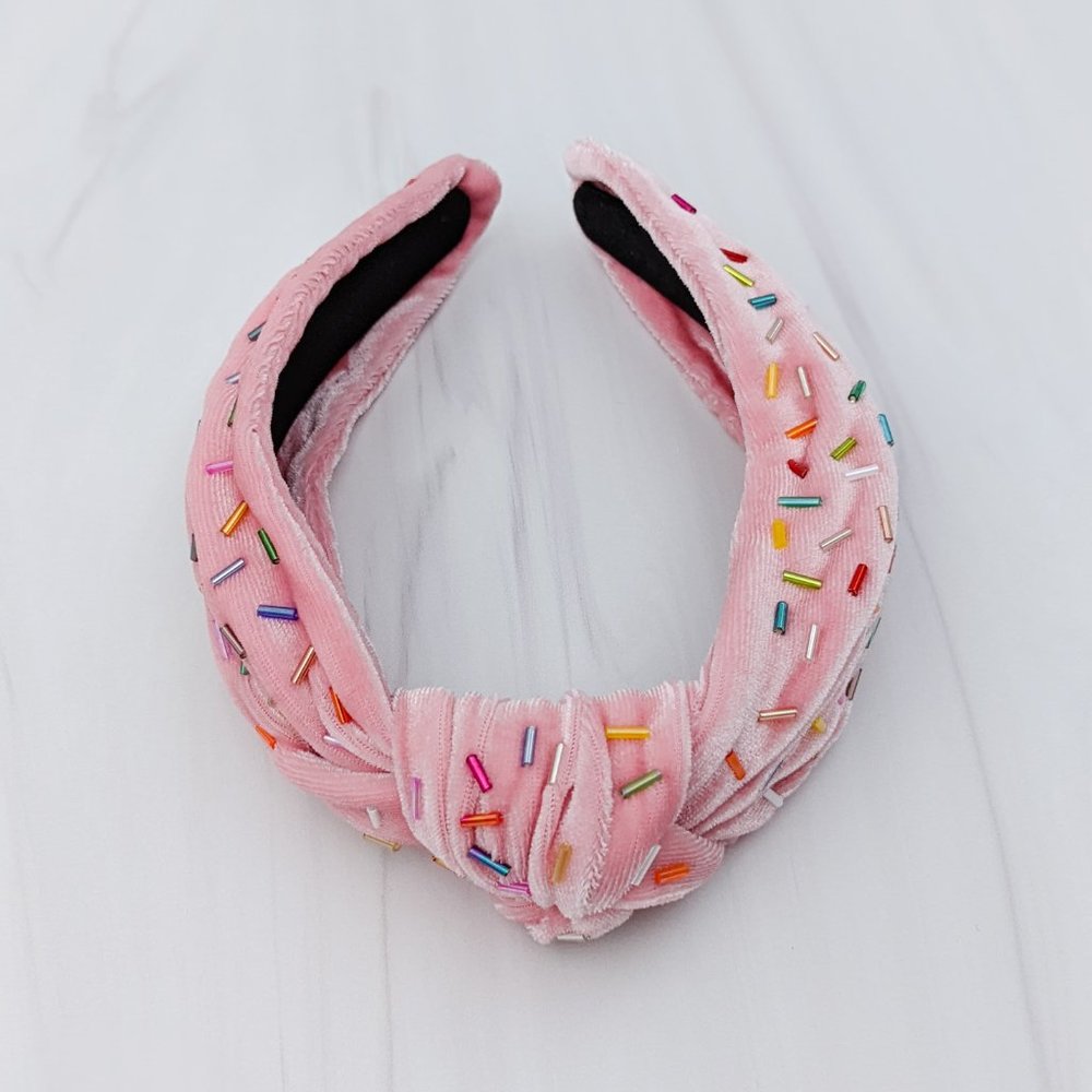 Pink Velvet Knot Headband with Sprinkles Rainbow Confetti Beading - Picture 5 of 11
